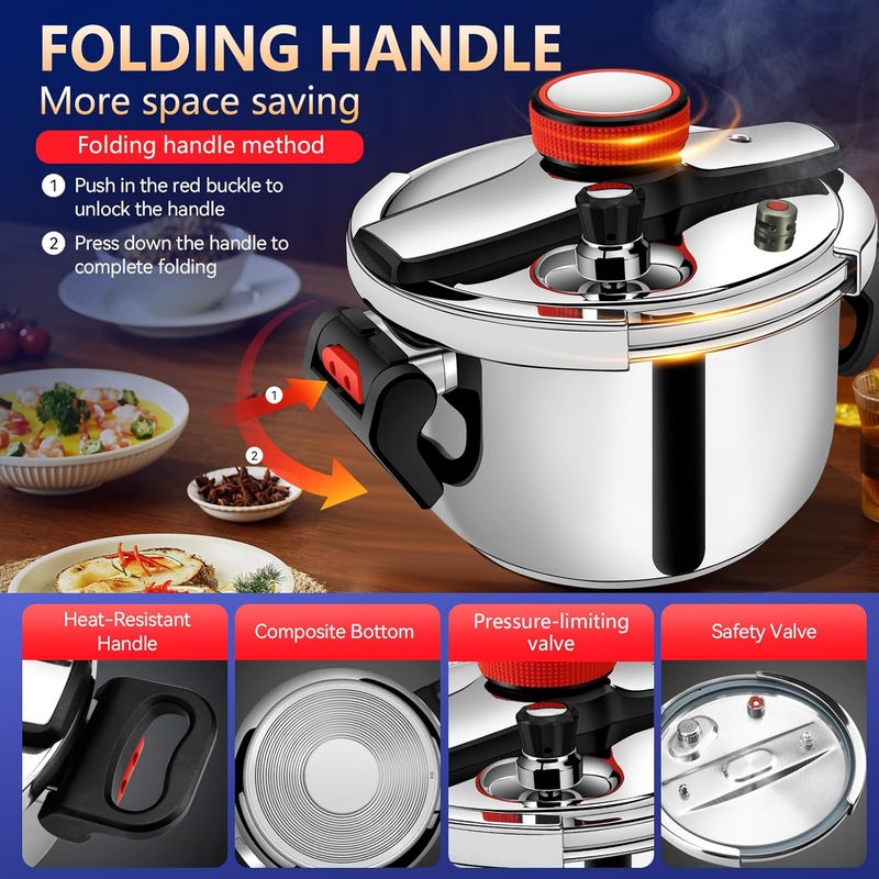 KAIVESEA 6.34 Quart Pressure Cooker, 304 Stainless Steel - Explosion-Proof Lock, One Hand Operation, Fast Cooking, Dishwasher Safe & Induction Compatible, Family Size Cookware - Image 2